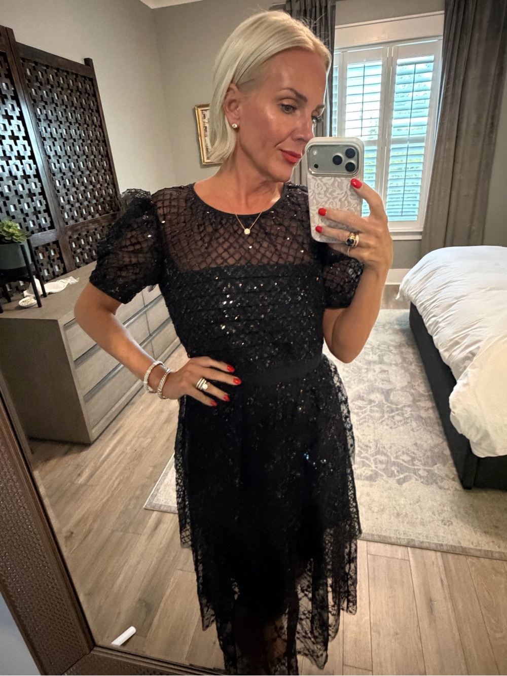 Self-Portrait Black Lace Midi Dress with Puff Sleeves - Picture 3 of 7